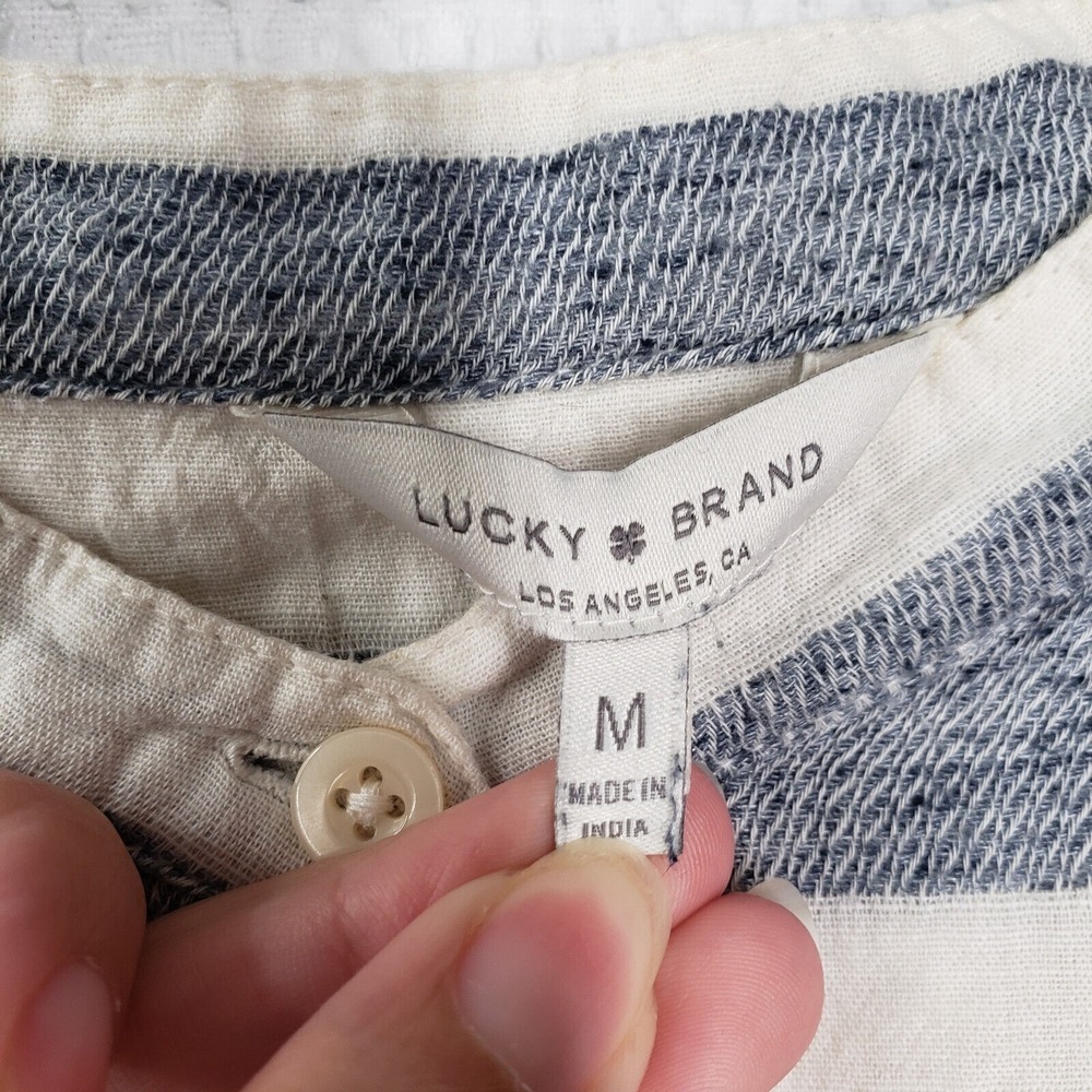 Lucky Brand Peplum Top Womens Medium White Striped Henley Boho Ruffle Western - Picture 3 of 16